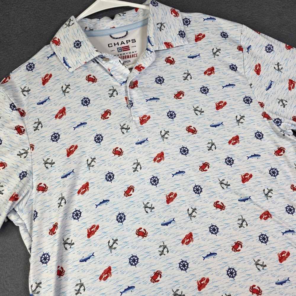 Chaps Performance Polo Mens S White Nautical Crab Lobster Anchor Cruise Shirt